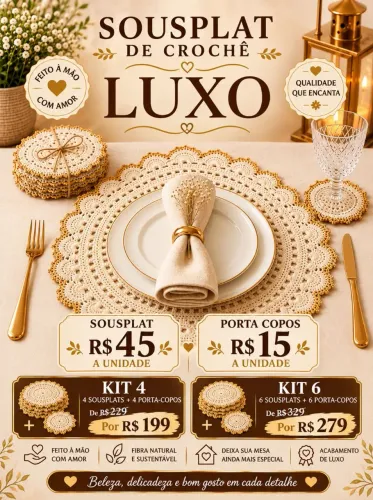 Sousplat de Crochê Luxo, 40cm, unidade | Jogo Americano redondo Feito à Mão