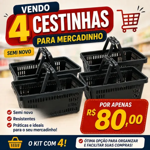4 Cestas Cestinha Plástica Preta Reforçada Supermercado Mercado 16 Litros