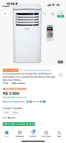 Ar condicionado portátil 12mil btus