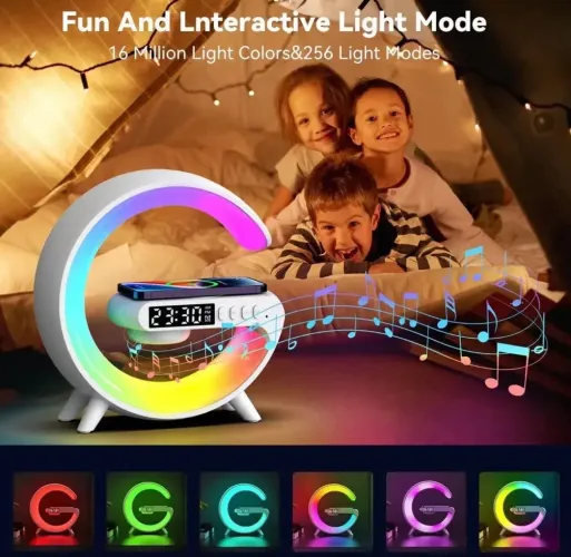 Luminária G/carregador indução/LEDs RGB/caixa d som/dispertador/FM