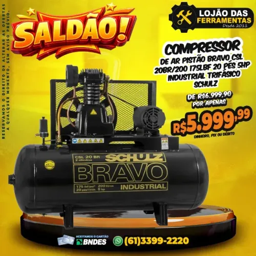 Compressor de AR Pistão Bravo CSL 20BR/200 175Lbf 20 Pés 5Hp Industrial Trifásico Schulz