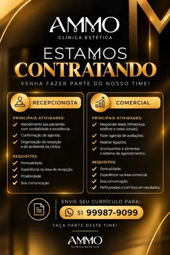 AMMO CLÍNICA CONTRATA RECEPCIONISTA E COMERCIAL