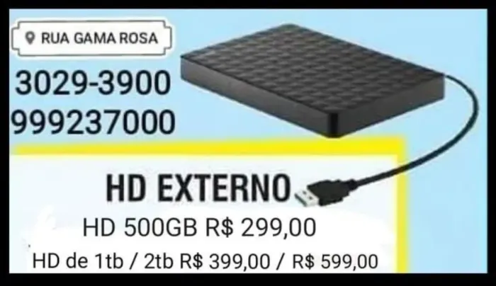 HD Externo 500GB, 1TB ou 2TB - Novo