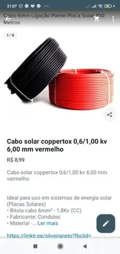 VENDO CABO SOLAR COPPERTOX 0,6/1,00 KV 6,00 MM VERMELHO ! 