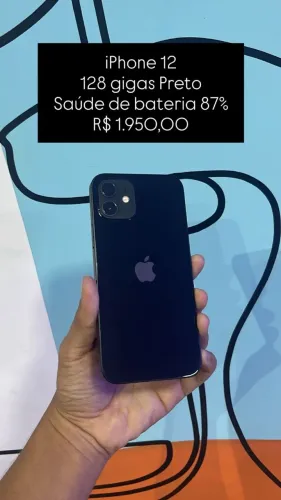 iPhone 12 / 128GB / Preto / Saúde de bateria 87% / Tela Genuína / R$ 1.950,00