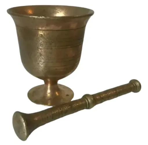 Pilão Em Bronze Almofariz Com Pistilo Socador Pé Alto