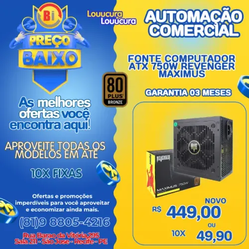 Fonte Alimentação Gamer 750w 80plus Bronze Silencioso Cor Preto