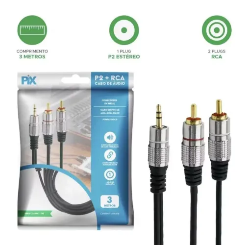 CABO DE ÁUDIO P2 + RCA 3 METROS PIX - SÉRIE CLASSIC - GOLD