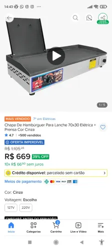 Chapa elétrica para lanches, porções