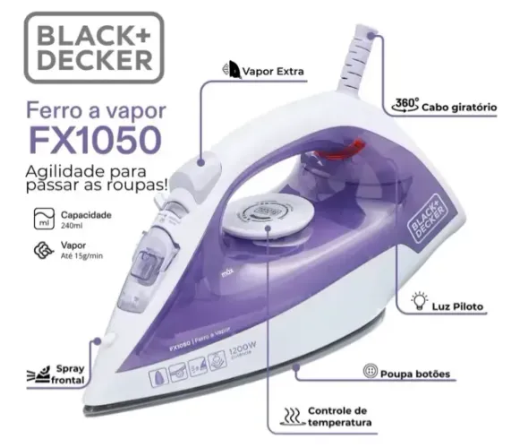 Ferro de Passar Roupa a Vapor e a Seco Black+Decker FX1050 Branco e Roxo -127V