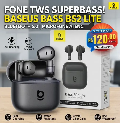 Fone de Ouvido Sem Fio TWS Baseus Bass BS2 Lite Bluetooth 6.0 - Com SuperBass AI ENC