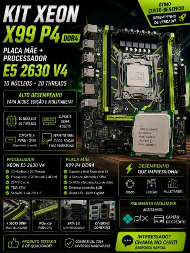 KIT X99 (Novo) - Placa Mãe P4 (4 Slot de RAM e 2 NVMe) TPM 2.0 e Proc E5 2650v4 (10 N/20T)