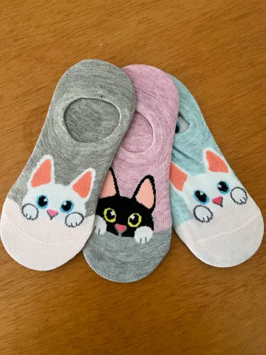 Kit 3 Pares Meia Invisível Feminina Estampada Gatinho Tam 35 a 39 Confortável Casual