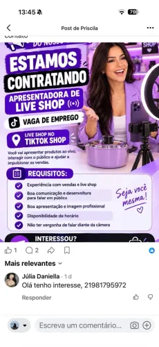 Vaga para apresentar live no TikTok shop