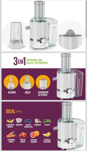 Extrator de Sucos Juiceman 3 em 1 - Juicer, Blender e Espremedor de Cítricos