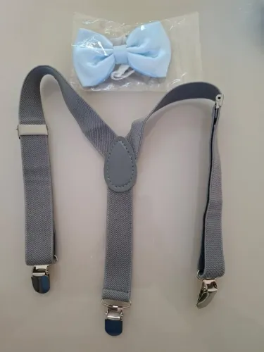Kit suspensório cinza + gravata borboleta azul bebê infantil ate 5 anos