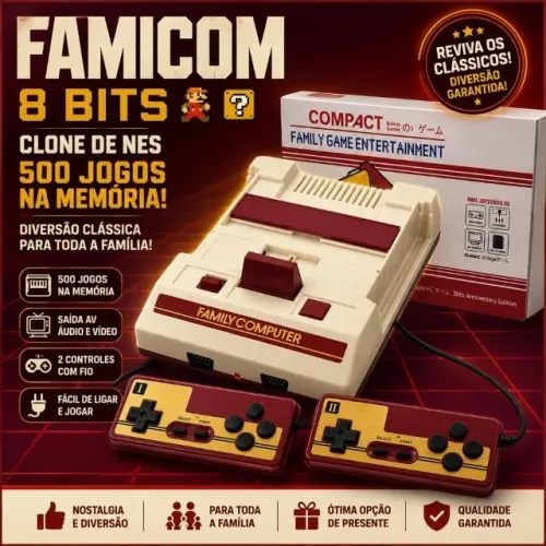 Famicom (clone de NES) console de jogo 8 bits (Nintendinho) c/ 500 jogos na memória