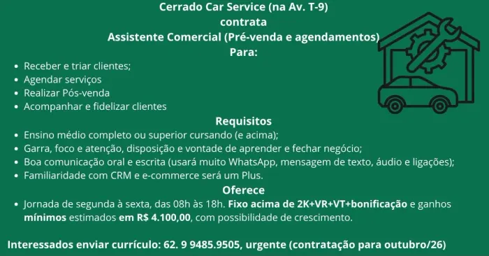 Vaga Assistente Comercial Pré-Venda (agendamentos)