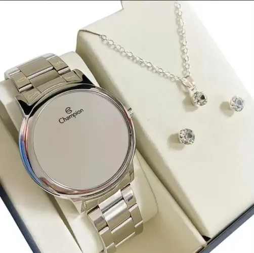 Kit relógio feminino + Pulseira em aço inox + colar + brincos