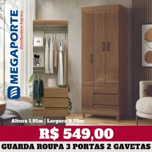 Roupeiro Guarda Roupa 3 Portas 2 Gavetas com Pés (Novo) Entrega Grátis!