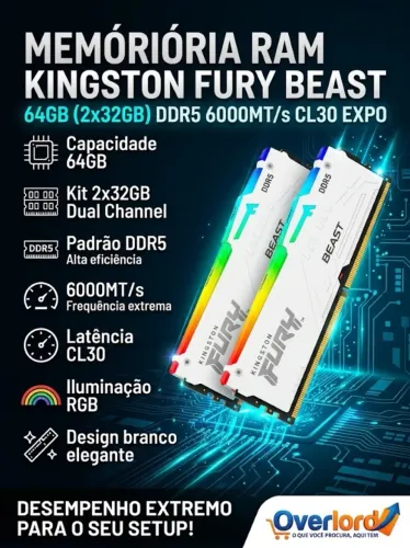 Memória RAM Kingston Fury Beast Expo, RGB, 64gb (2x32GB), 6000MT/s, DDR5, DIMM, CL30