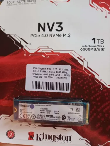 SSD Kingston NV3, 1 TB, M.2 2280, PCIe 4.0 x4, NVMe, Leitura: 6000 MB/s
