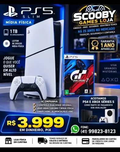 PS5 SLIM MÍDIA FÍSICA 1 TB SEMINOVO,1 CONTROLE, 1JOGO, GARANTIA 1 ANO, LOJA