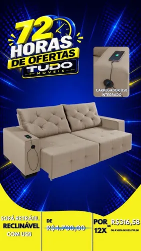 SOFA RETRÁTIL E RECLINÁVEL COM ENTRADA USB