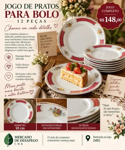 JOGO DE PRATOS PARA BOLO / SOBREMESA - 12 PEÇAS