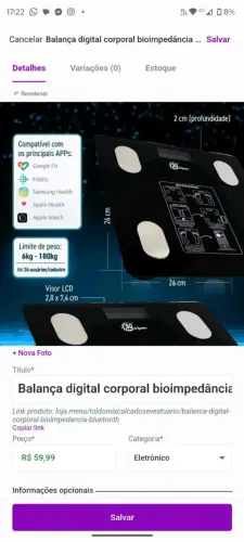Balanca digital corporal bioimpedância<br>Balanca digital corporal bioimpedância