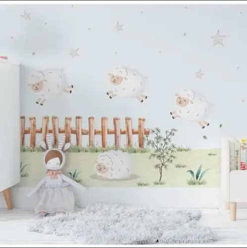 Papel de parede infantil ovelha jardim