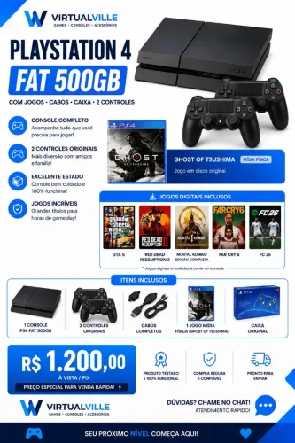 PlayStation 4 FAT 500GB + 2 Controles + Caixa + Ghost of Tsushima + Jogos | R$ 1.200