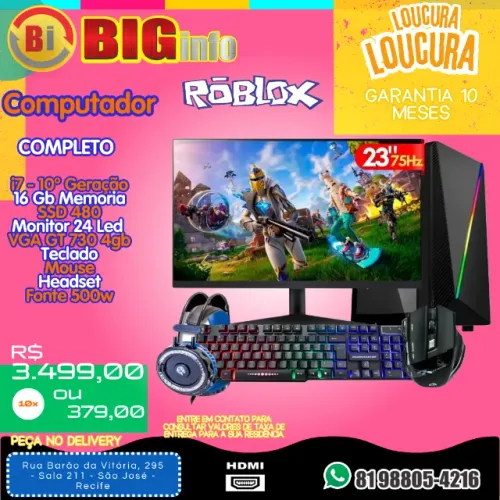 Computador I7 10 Geração / VGA Gt 730 4GB / 16Ram Ddr4 / Ssd 480g / Monitor 24 / Wifi 