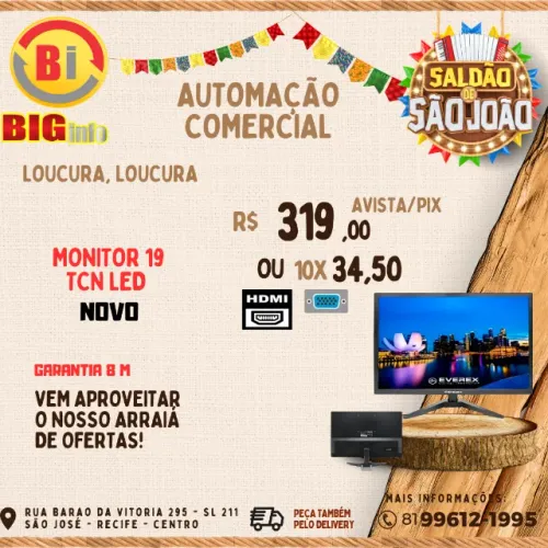 Monitor LED HD Flat TCN 19" 60Hz 5ms- Slim HDMI  - Em ate 10x Fixas 
