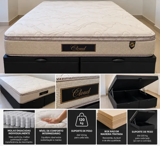 Cama Box Baú Queen + Colchão Molas Ensacadas - 4 Meses de Uso