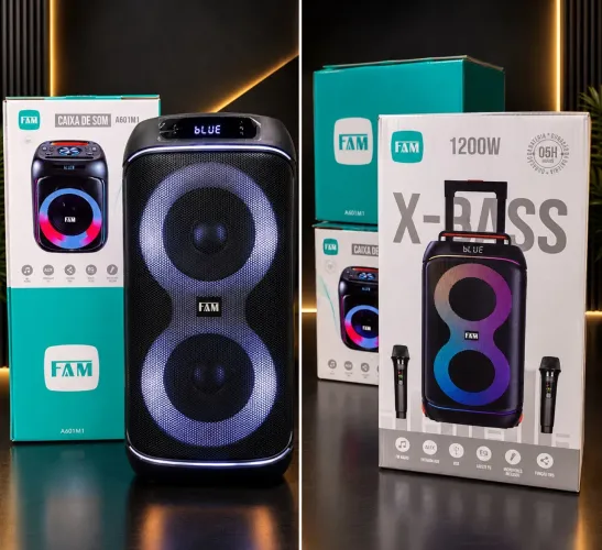 ? CAIXA DE SOM FAM + 2 MICROFONES! ?