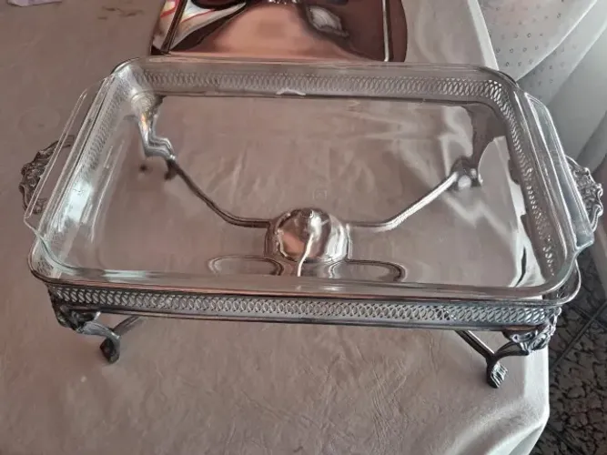 Réchaud retangular em prata com Pyrex refratário e acendedor