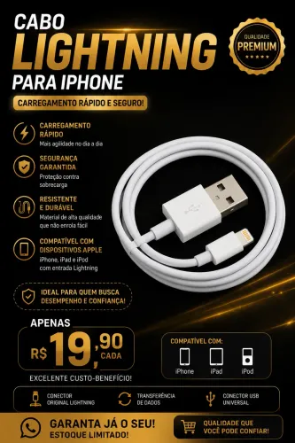 CABO LIGHTNING PARA IPHONE CARREGAMENTO RÁPIDO E SEGURO!