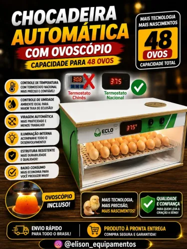 Chocadeira de ovos com Ovoscópio capacidade para 48 Ovos 