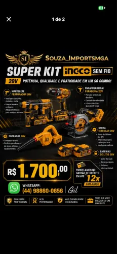 Kit de ferramentas INGCO com martelete rompedor, parafusadeira, serra circular e soprador.