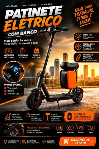 Patinete Elétrico 350W com Banco Dobrável - 30km/h