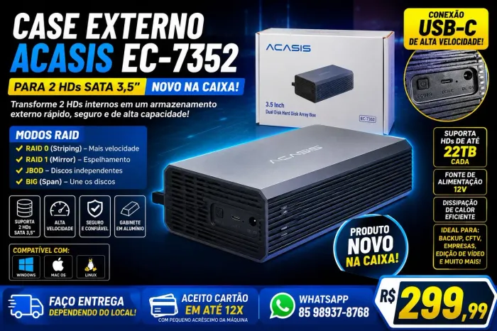 Case Externo Acasis EC-7352 para 2 HDs SATA 3,5" USB-C Novo na Caixa!