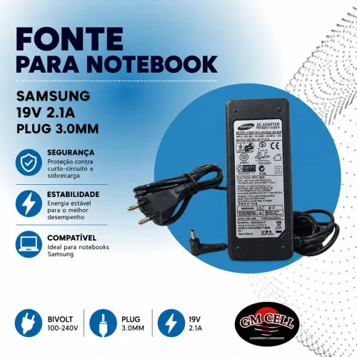 Fonte para notebook Samsung 19v 2.1a plug 3mm
