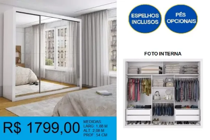 Roupeiro 6 portas todo espelhado - Entrega e montagem gratis