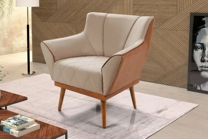 POLTRONA DECORATIVA COM BASE E PÉS DE MADEIRA