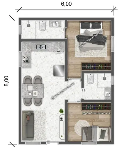 Construção de casa com 2 quartos, sendo 1 suite, de laje, 48m2, R$ 57.600 + frete