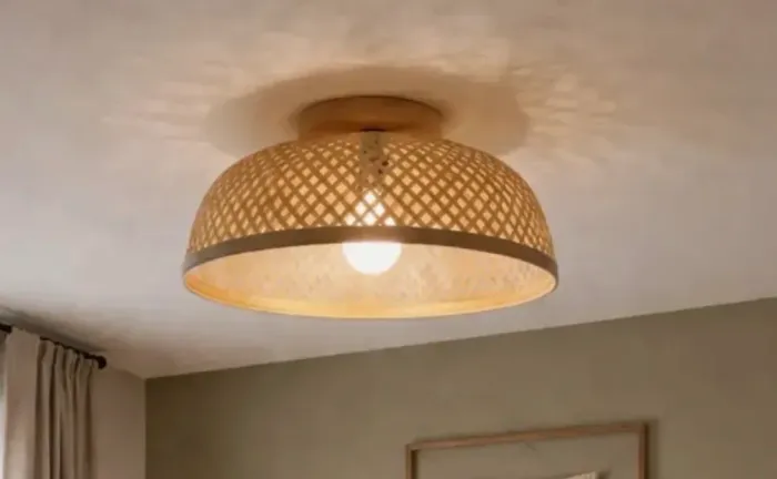 Luminária teto Plafon Sobrepor Bambu Trançado Rustico Natural