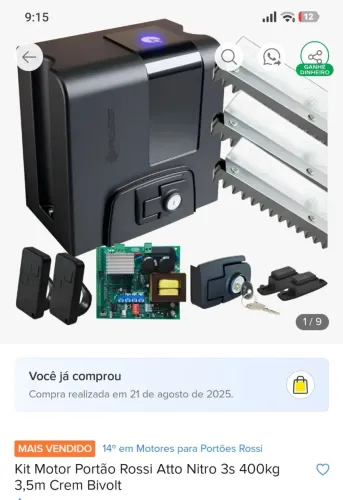 Motor Portão Eletrônico Rossi Nitro + 04 controles