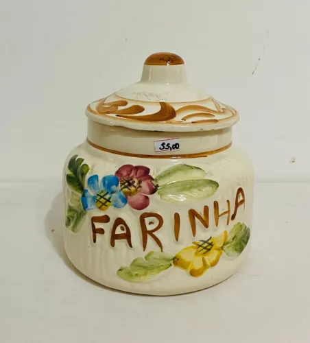 Pote De Farinha Antigo Em Cerâmica Pintado À Mão Com Tampa