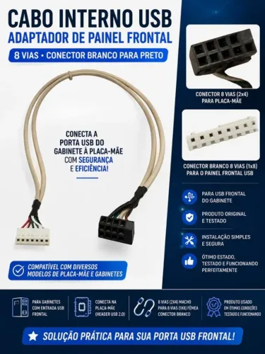 Cabo interno USB adaptador de painel frontal de 8 vias (conector branco p/ preto) adaptor